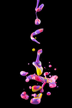 Photograph of an ink drop forming color bubbles underwater. Liquids mixing in dynamic flow forming round shapes with vivid structure. A detailed colorful abstract design isolated on black background.