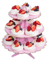 tiers on a pink base, Pavlova cake, isolated