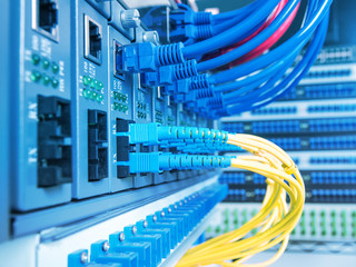 Fiber Optic cables connected to an optic ports and Network cable