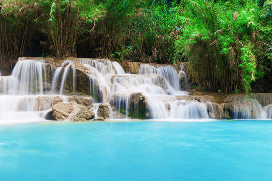 Turquoise water of Kuang Si waterfall, Luang Prabang. Laos © preto_perola
