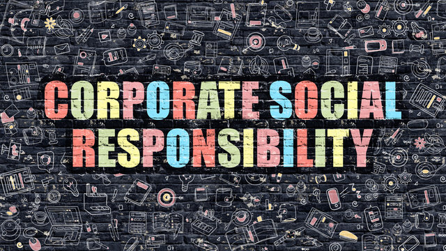 Corporate Social Responsibility Concept. Corporate Social Responsibility Drawn on Dark Brick Wall. Corporate Social Responsibility Concept in Multicolor Modern Doodle Style.