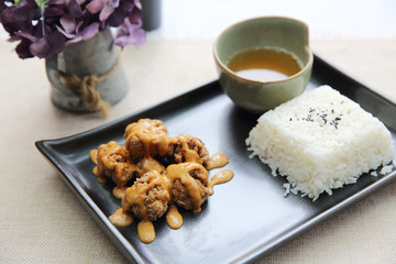 karaage fried chicken with rice japanese food
