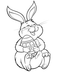 Black and white vector illustration with lovely laughing  bunny holding painted easter egg