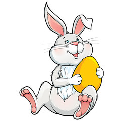 Vector illustration with lovely  bunny holding yellow easter egg.