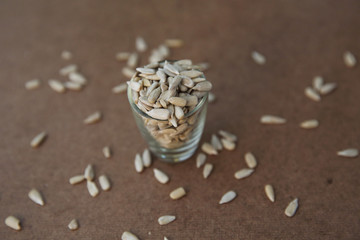 Sunflower seeds on wood background