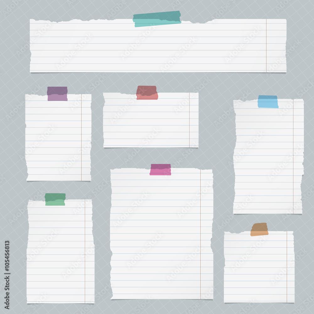 Poster pieces of torn lined notebook paper on squared background