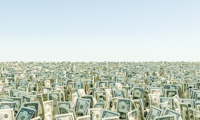 Heap of banknote Dollar Bills grass on the background blue sky