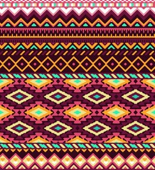 Seamless stylized stripes pattern with aztec ethnic and tribal ornament. Vector bright colors boho fashion illustration.