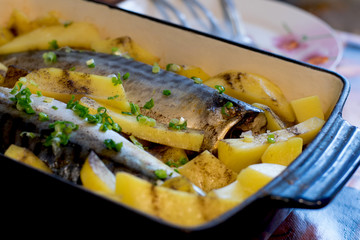 Baked fish with potatoes delicious  homemade dish