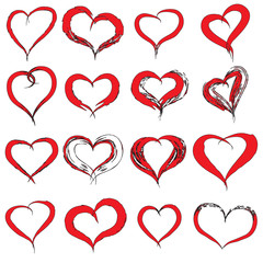 Concept or conceptual painted red black heart shape or love symbol set or collection, made by a happy child at school isolated on white background