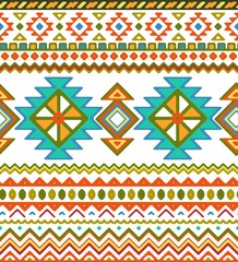 Seamless hand drawn stripes pattern with aztec ethnic and tribal ornament. Vector bright boho fashion illustration.