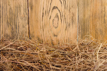 Rural background (straw against the background of a wooden wall, with copy space for your text), retro style