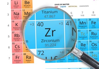 Zirconium symbol - Zr. Element of the periodic table zoomed with mignifier