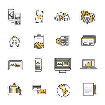 Dollar finance money line icons collection. Smart banking, savings & mobile payment set.