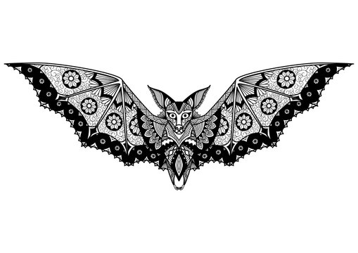 Bat line art design for tattoo, t shirt design, coloring book, and so on