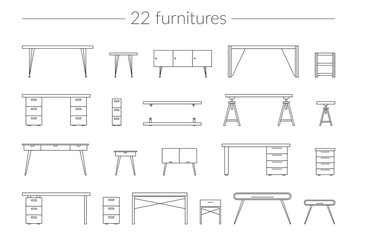Vector Thin Line Icon Set with Furnitures