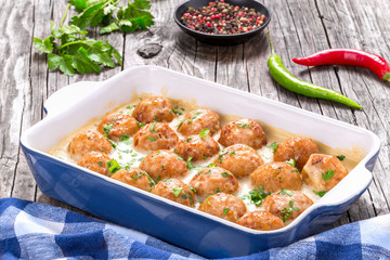 meatballs smothered in a creamy gravy sauce, close-up