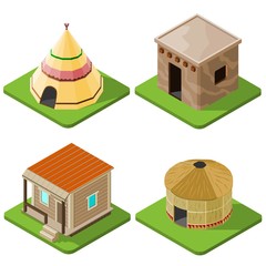 Set of nice looking bright isometric tribal native houses, huts and tents. Vector illustration.