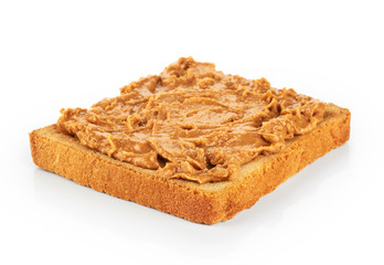 Toast with peanut butter isolated on white background.