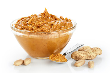 Bowl with peanut butter and peanuts isolated on white background