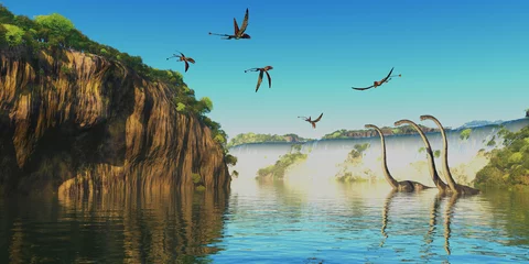 Keuken spatwand met foto Dimorphodon and Omeisaurus Dinosaurs - Omeisaurus herbivorous sauropod dinosaurs wade through a river below a waterfall as Dimorphodon flying reptiles fly overhead. © Catmando