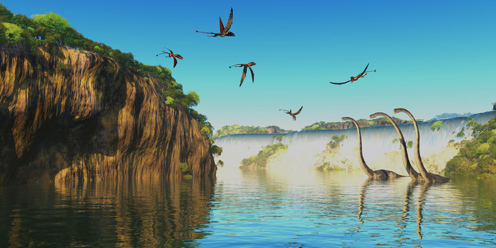 Dimorphodon and Omeisaurus Dinosaurs - Omeisaurus herbivorous sauropod dinosaurs wade through a river below a waterfall as Dimorphodon flying reptiles fly overhead.