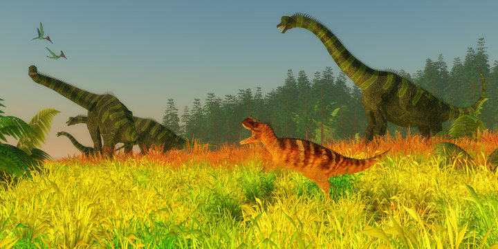 Jurassic Coastal Redwood Forest - Two Pterodactylus reptiles fly over a herd of Brachiosaurus sauropod dinosaurs as they keep a wary eye on a Ceratosaurus carnivore.