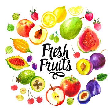 Illustration with watercolor food. Sketch set of fresh fruits.