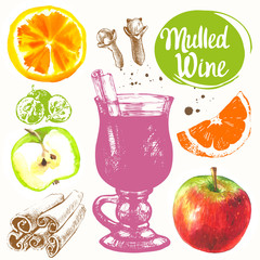 Mulled wine set in sketch style. Classical winter drink.