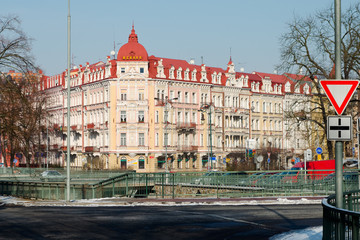 Naklejka premium Karlovy Vary, Czech Republic, 02.08.2012: Street view of Merkur