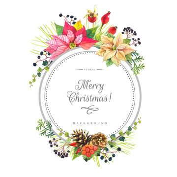 Illustration with watercolor flowers. Merry christmas.