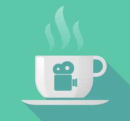 Long shadow cup of coffee with  a film camera