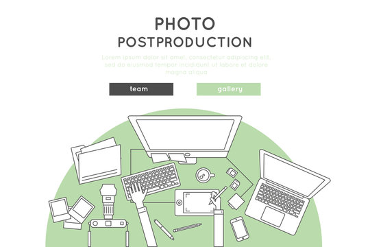 post production and photo retouch vector banner, website template design in thin line and flat style
