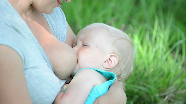 Little child suck on the breast of mother on nature