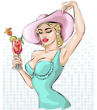 Pin-up woman wearing wide brim hats with cocktail