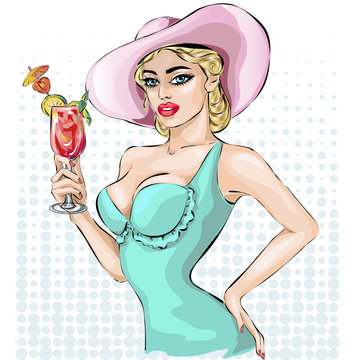 Pin-up woman wearing wide brim hats with cocktail
