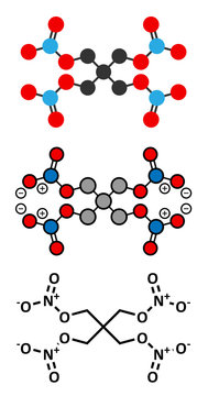 Pentaerythritol Tetranitrate (PETN) Explosive Molecule. 