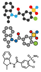 Indapamide hypertension drug molecule (diuretic).