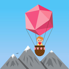 Air Balloon with happy boy in the blue sky Vector Graphic card