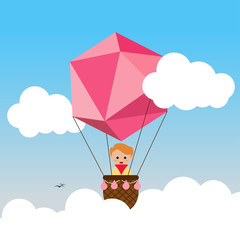 Air Balloon with happy boy in the blue sky Vector Graphic card