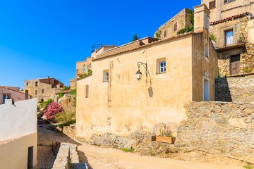 Street with traditional houses built from stones in medieval village of Sant Antonino, Corsica island, France