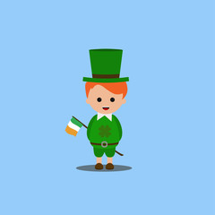 Saint Patrick with red hair in the hat and clover with ireland flag. Vector art for happy holiday
