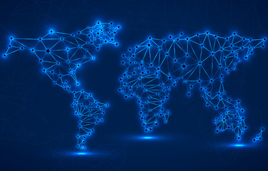 Abstract polygonal world map with glowing dots and lines, network connections