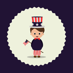 Patriotic american boy in the hat, white, red and blue colours of the Stars and Stripes on a dark background symbol. In God We Trust sign for democracy