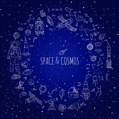 Fototapeta na wymiar Hand drawn doodle Space and Cosmos set Vector illustration Universe icons Space concept elements Rocket Space ship symbols collection Solar system Planets Galaxy Milky Way Astronaut Tech freehand icon