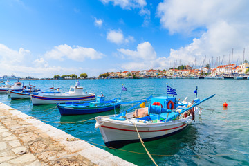 Typical colorful Greek fishing boats in Pythagorion port on Samos island, Greece