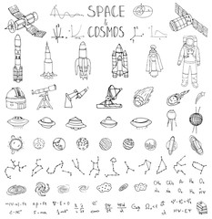 Hand drawn doodle Space and Cosmos set Vector illustration Universe icons Space concept elements Rocket Space ship symbols collection Solar system Planets Galaxy Milky Way Astronaut Tech freehand icon