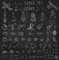 Hand drawn doodle Space and Cosmos set Vector illustration Universe icons Space concept elements Rocket Space ship symbols collection Solar system Planets Galaxy Milky Way Astronaut Tech freehand icon