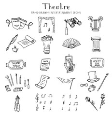 Hand drawn doodle Theatre set Vector illustration Sketchy theater icons  Theatre acting performance elements Ticket Masks Lyra Flowers Curtain stage Musical notes Pointe shoes Make-up artist tools