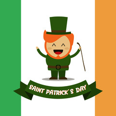 Saint Patrick with red hair in the hat and clover with ireland flag. Vector art for happy holiday